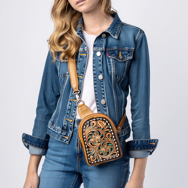 ADBGA652 American Darling Floral Tooled Leather & Cowhide Sling with Teardrop Panel Design