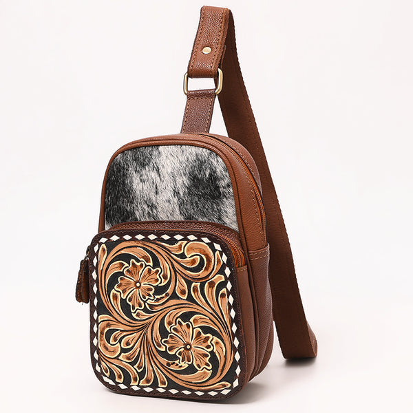 ADBGA654 American Darling Tooled Leather & Cowhide Sling Bag with Floral Front Pocket