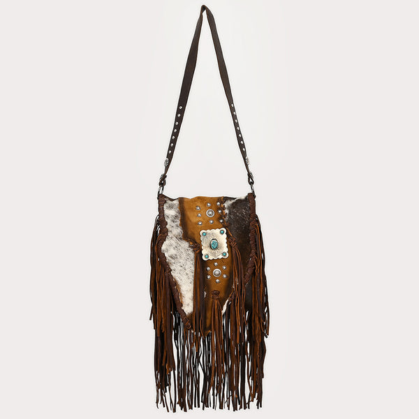 ADBGM477 Cowhide & Leather Western Fringe Messenger Bag - Western Concho Bag with Turquoise Accent