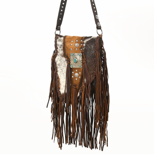 ADBGM477 Cowhide & Leather Western Fringe Messenger Bag - Western Concho Bag with Turquoise Accent