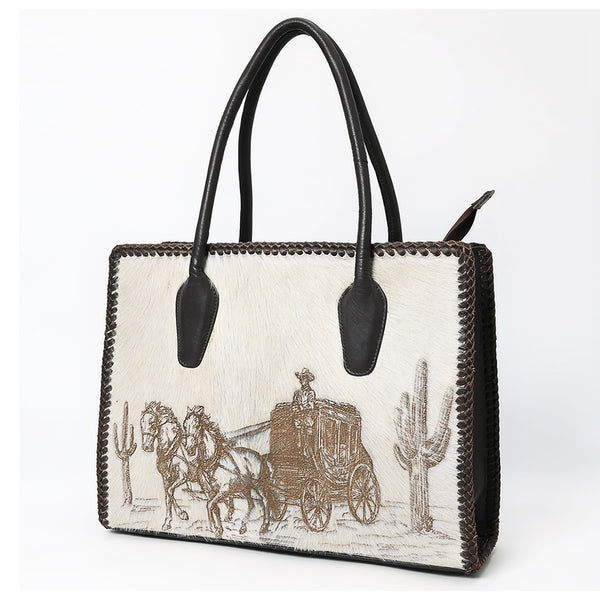 ADBGM512 Western Cowhide Leather Tote with Stagecoach Design -Handcrafted Rodeo Purse
