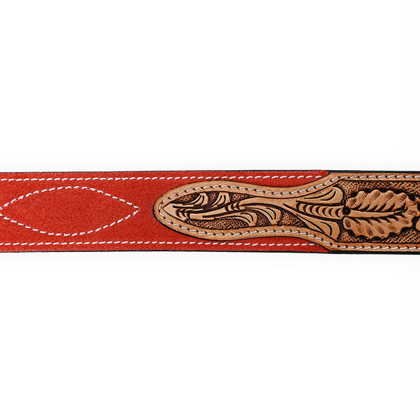 ADBLF330 Tooled Leather Western Belt - Red Genuine suede Back with Antique Silver Buckle