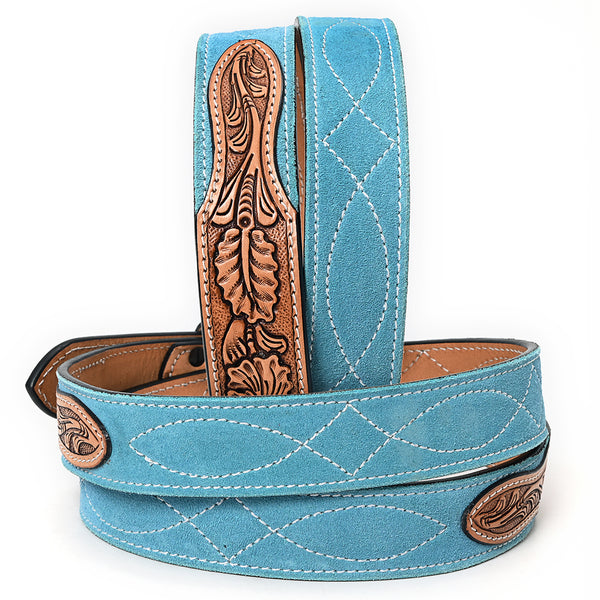 ADBLF331 Turquoise Genuine suede Western Belt - Hand-Tooled Leather Inlay with Engraved Buckle