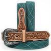 ADBLF333 Green Genuine suede Western Belt - Tooled Leather Inlay & Silver Engraved Buckle