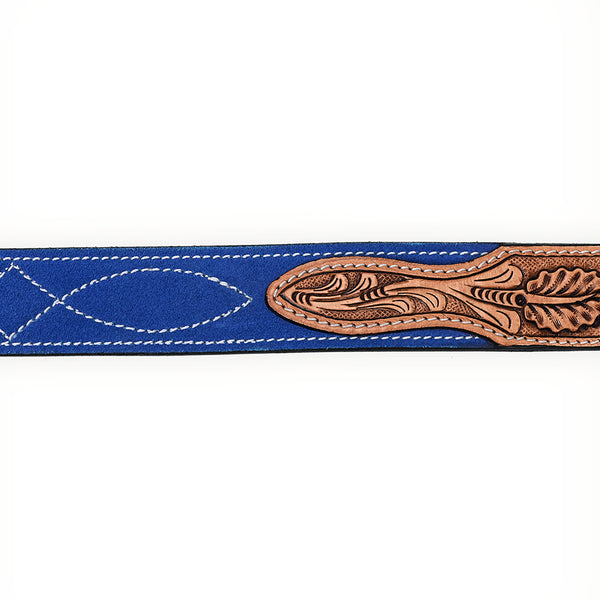 ADBLF334 Royal Blue Genuine suede Western Belt - Tooled Leather Inlay & Silver Buckle