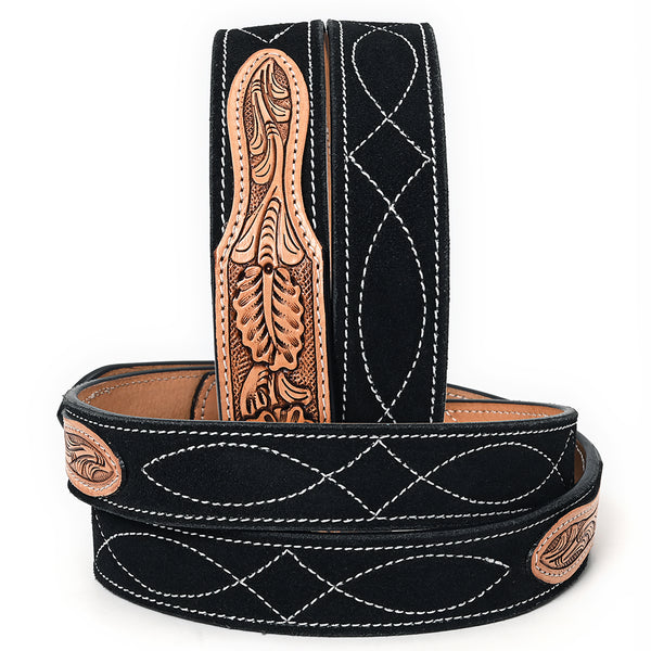 ADBLF335 Black Genuine suede Western Belt - Hand-Tooled Leather Inlay & Silver Engraved Buckle