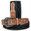 ADBLF335 Black Genuine suede Western Belt - Hand-Tooled Leather Inlay & Silver Engraved Buckle