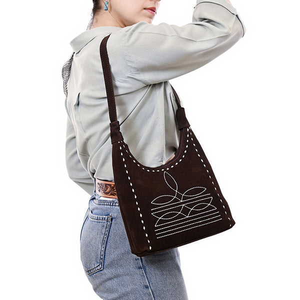 ADBG1617 American Darling Western Genuine Suede Leather Hobo Bag with Craftsmanship & Boot Stitch Detailing