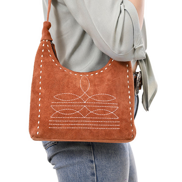 ADBG1617 American Darling Western Genuine Suede Leather Hobo Bag with Craftsmanship & Boot Stitch Detailing