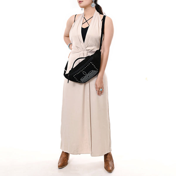 ADBG1618A American Darling Handcrafted Black Genuine Suede Leather Hobo Bag with Boot Stitching Western Shoulder Bag