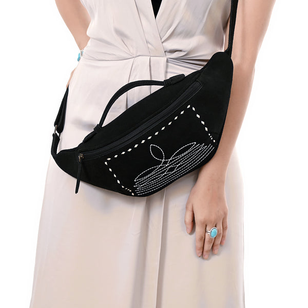 ADBG1618A American Darling Handcrafted Black Genuine Suede Leather Hobo Bag with Boot Stitching Western Shoulder Bag