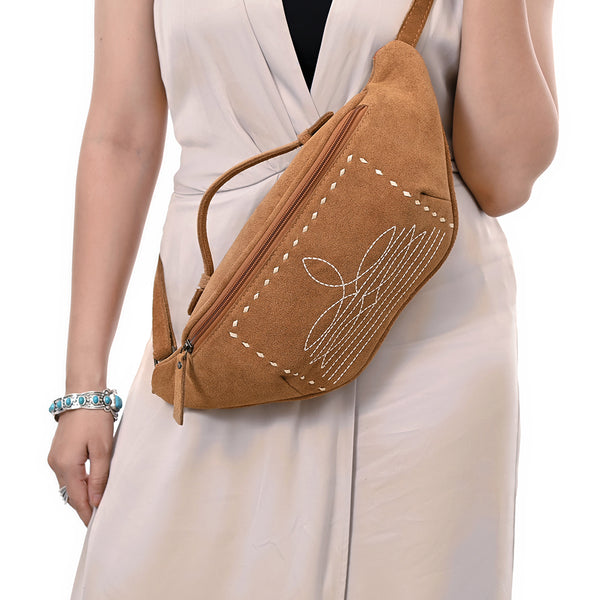 ADBG1618 American Darling Western Genuine Suede Leather Fanny Pack with Boot Stitching Handmade Black Waist Bag