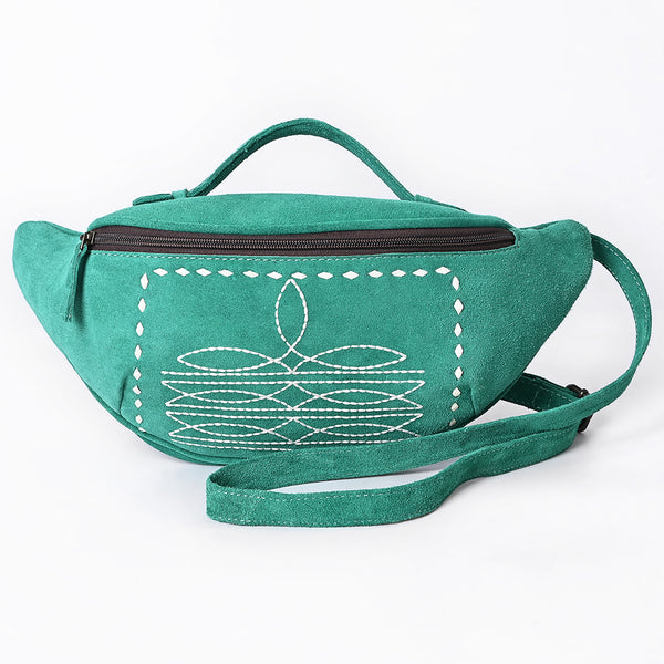 ADBG1618 American Darling Western Genuine Suede Leather Fanny Pack with Boot Stitching Handmade Black Waist Bag