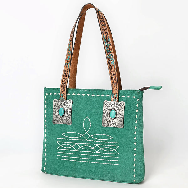 ADBG1619 American Darling Western Genuine Suede Leather Tote Bag with Boot Stitching and Concho Accents