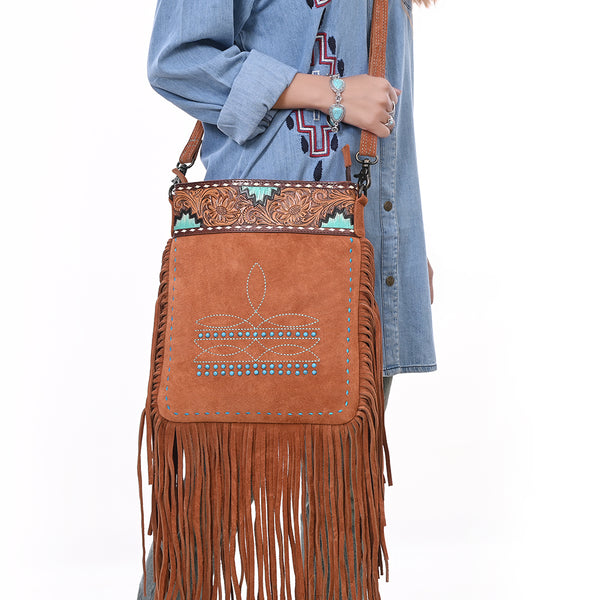ADBG1620 American Darling Western Genuine Suede Large Crossbody Bag with Fringe and Boot Stitch Detailing Genuine Leather