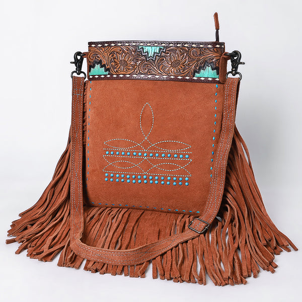 ADBG1620 American Darling Western Genuine Suede Large Crossbody Bag with Fringe and Boot Stitch Detailing Genuine Leather