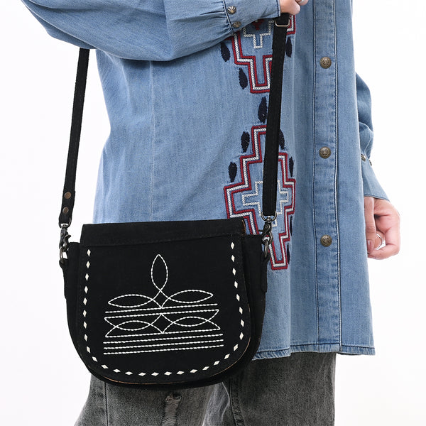 ADBG1622A American Darling Western Black Suede Genuine Leather Crossbody Bag with Craftsmanship Handcrafted Design