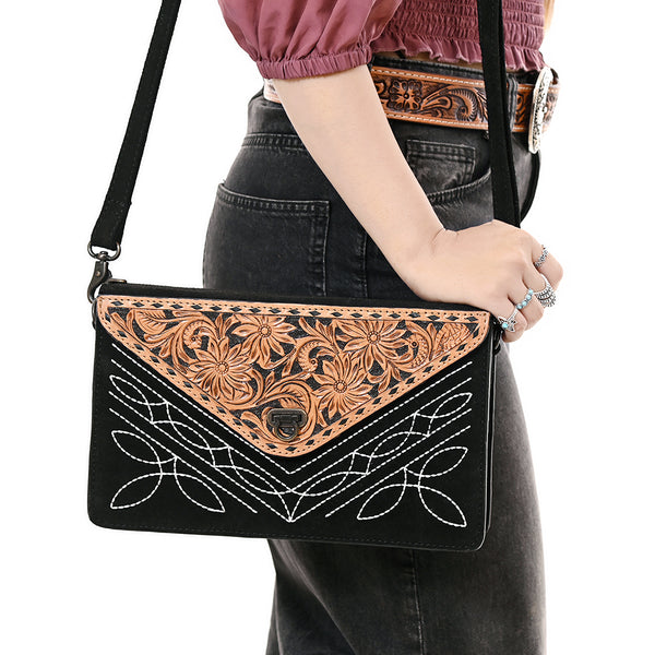 ADBG1623A American Darling Black Western Genuine Suede Leather Envelop Bag with Hand-Tooled Detailing