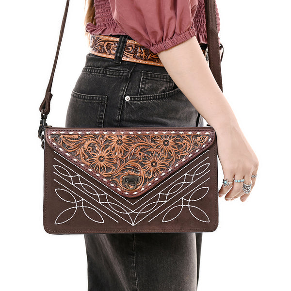 ADBG1623 American Darling Western Genuine Suede Leather Envelop Bag with Hand-Tooled Detailing
