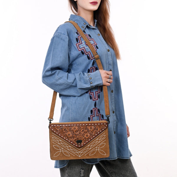 ADBG1623 American Darling Western Genuine Suede Leather Envelop Bag with Hand-Tooled Detailing