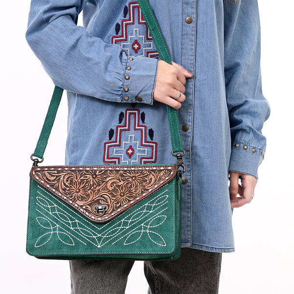 ADBG1623 American Darling Western Genuine Suede Leather Envelop Bag with Hand-Tooled Detailing
