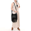 ADBG1625A American Darling Black Genuine Suede Western Leather Crossbody Bag with Boot Stitch Detail & Fringe