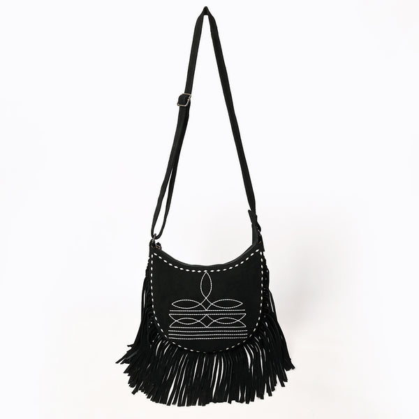ADBG1625A American Darling Black Genuine Suede Western Leather Crossbody Bag with Boot Stitch Detail & Fringe