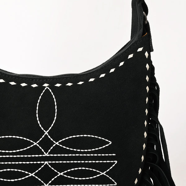 ADBG1625A American Darling Black Genuine Suede Western Leather Crossbody Bag with Boot Stitch Detail & Fringe