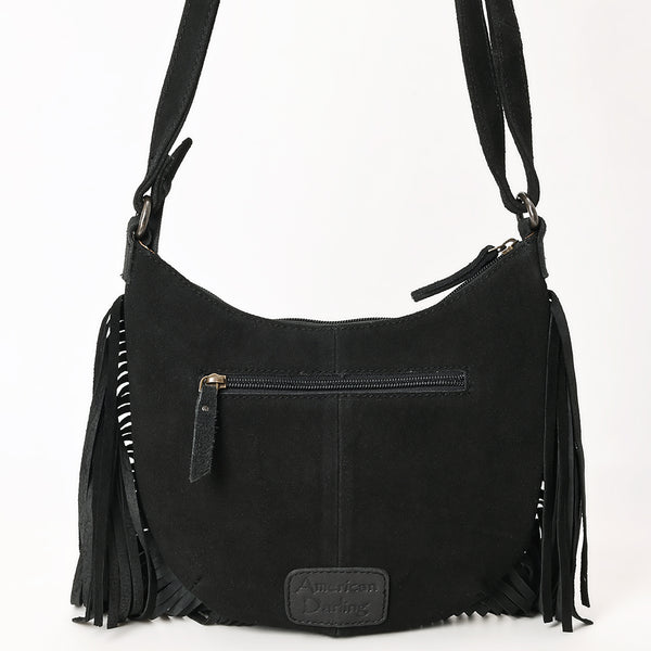ADBG1625A American Darling Black Genuine Suede Western Leather Crossbody Bag with Boot Stitch Detail & Fringe