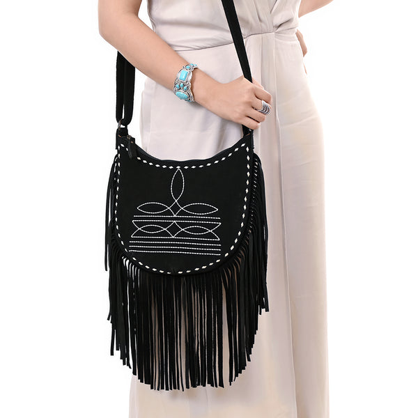 ADBG1625A American Darling Black Genuine Suede Western Leather Crossbody Bag with Boot Stitch Detail & Fringe