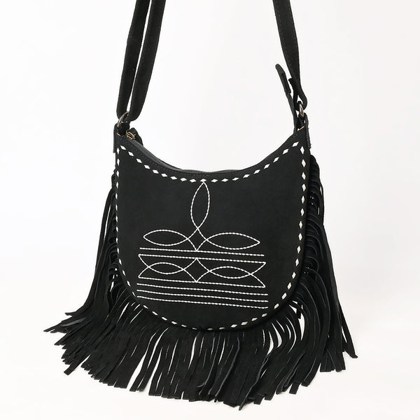 ADBG1625A American Darling Black Genuine Suede Western Leather Crossbody Bag with Boot Stitch Detail & Fringe