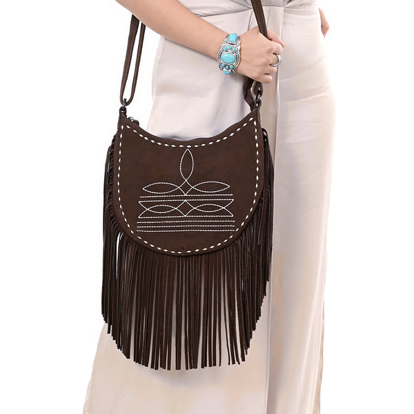 ADBG1625 American Darling Western Leather Genuine Suede Crossbody Bag Boot Stitch Detail & Fringe