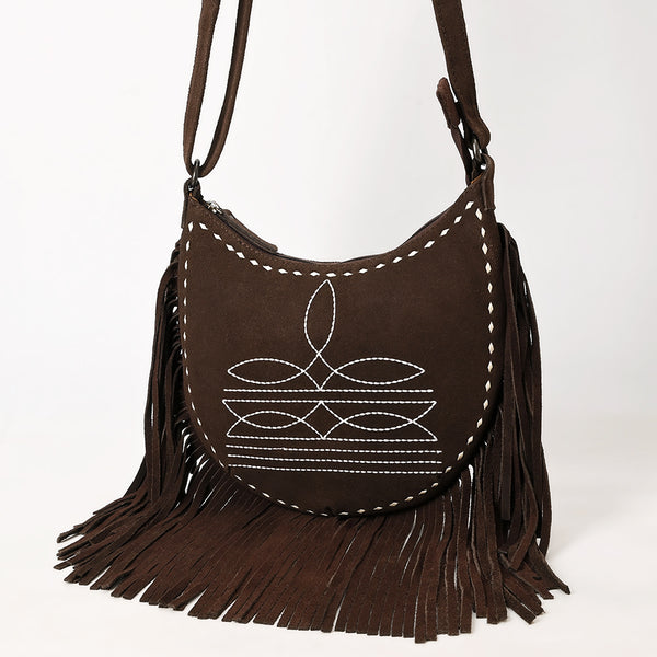 ADBG1625 American Darling Western Leather Genuine Suede Crossbody Bag Boot Stitch Detail & Fringe
