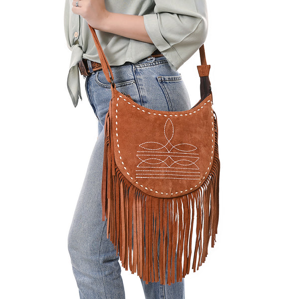 ADBG1625 American Darling Western Leather Genuine Suede Crossbody Bag Boot Stitch Detail & Fringe