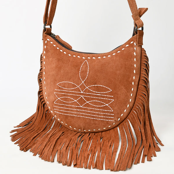 ADBG1625 American Darling Western Leather Genuine Suede Crossbody Bag Boot Stitch Detail & Fringe