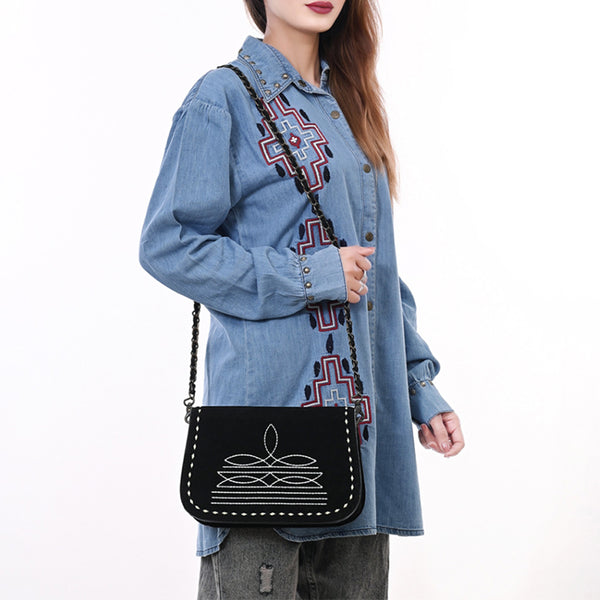 ADBG1626A American Darling Black Genuine Suede Western Leather Crossbody Bag with Buck Stitch & Boot-Stitched Detailing