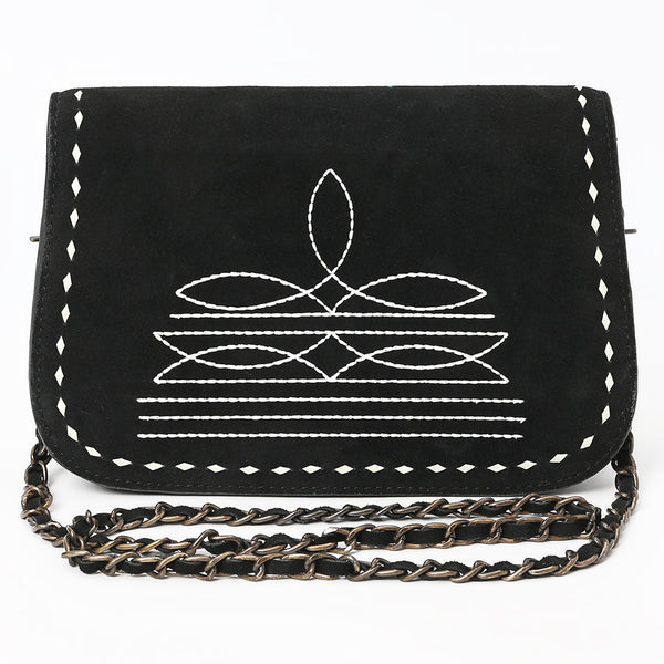 ADBG1626A American Darling Black Genuine Suede Western Leather Crossbody Bag with Buck Stitch & Boot-Stitched Detailing