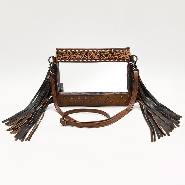 ADBG1174 American Darling Hand Tooled Leather Fringe Clear Crossbody -Western Stadium Bag