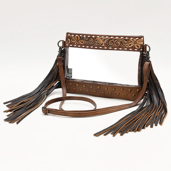 ADBG1174 American Darling Hand Tooled Leather Fringe Clear Crossbody -Western Stadium Bag