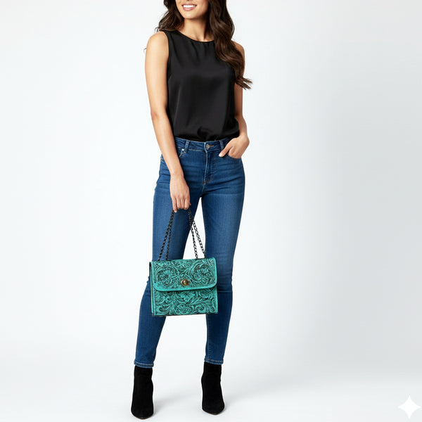 ADBG1630 American Darling Hand-Tooled Leather Small Cross Body Bag with Floral Carving & Western Detailing