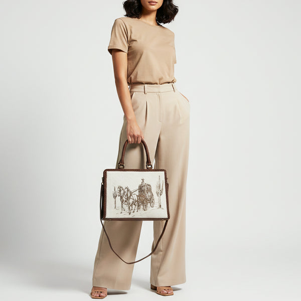 ADBGM520 Hair-On Cowhide Stagecoach Leather Tote with Crossbody Strap - Western Heritage Handbag