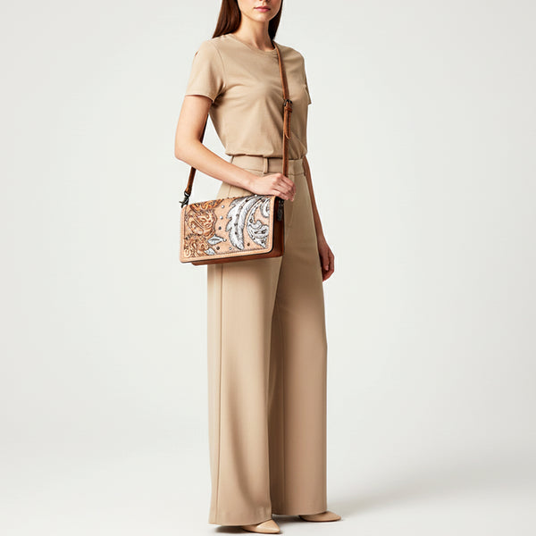 ADBG1631 American Darling Hand-Tooled Leather Organiser Bag with Floral Carving & Western Embossed Detailing