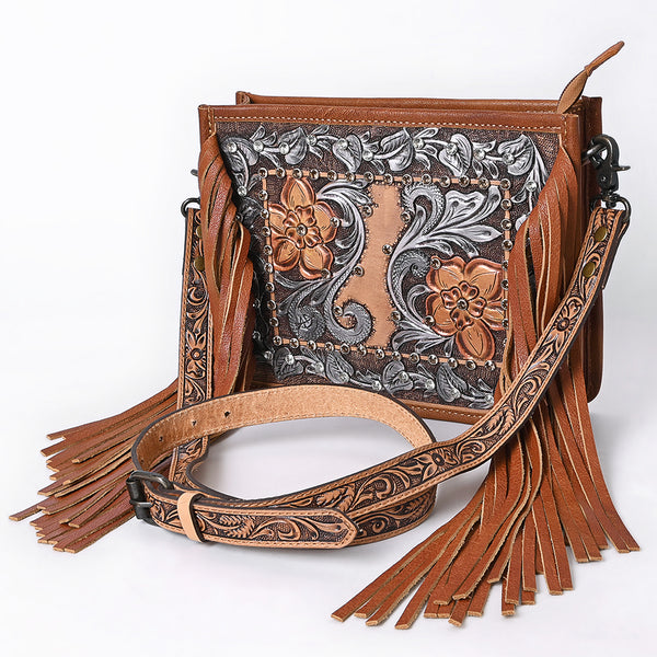 ADBG1632 American Darling Hand-Tooled Leather Cross Body Bag with Floral Carving, Fringes & Western Detailing