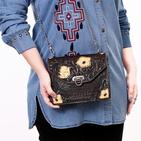 ADBGA679 American Darling Hand Tooled Floral Carved Genuine Leather Messenger Bag