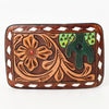 ADBLF129-BU Western Leather Belt Buckle - Tooled Cactus & Floral Design