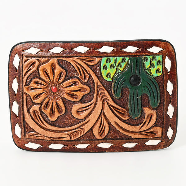 ADBLF129-BU Western Leather Belt Buckle - Tooled Cactus & Floral Design