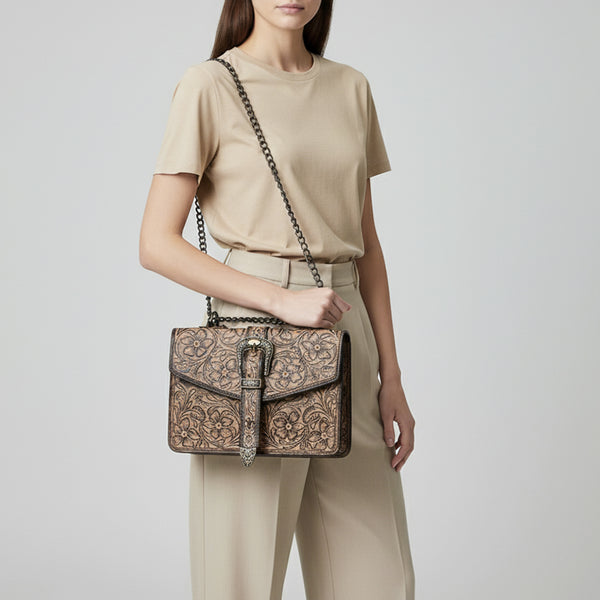 ADBG1535 American Darling Western Leather Small Crossbody Bag with Hand-Tooled Floral Design & Chain Strap