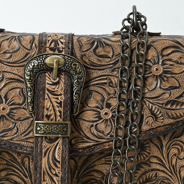 ADBG1535 American Darling Western Leather Small Crossbody Bag with Hand-Tooled Floral Design & Chain Strap