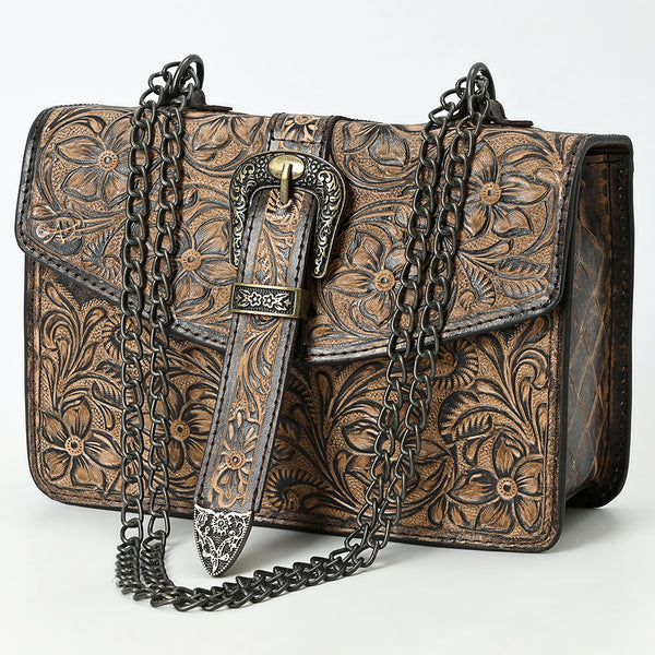 ADBG1535 American Darling Western Leather Small Crossbody Bag with Hand-Tooled Floral Design & Chain Strap