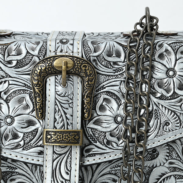 ADBG1535 American Darling Western Leather Small Crossbody Bag with Hand-Tooled Floral Design & Chain Strap